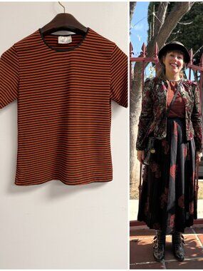 Vintage 90s Kathie Lee Striped Short Sleeve T Shirt Red Black Spandex Medium